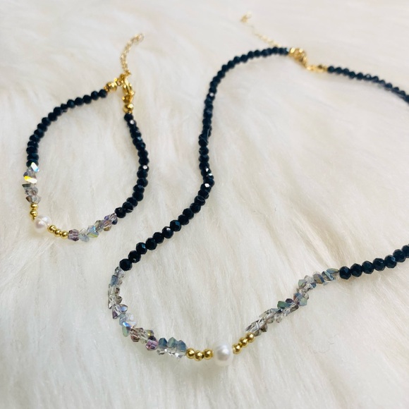 Beaded Crystal Pearl Necklace Chain Choker black White And Bracelet New Gift - Picture 2 of 3